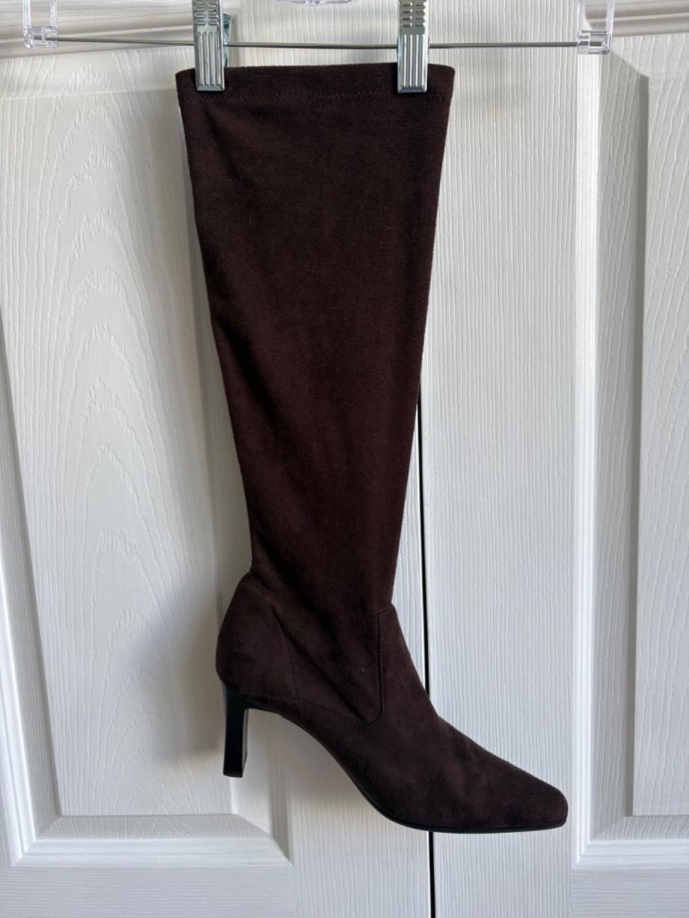 Valerie Stevens Coley Brown Stretch Faux Suede Knee High Heeled Boots